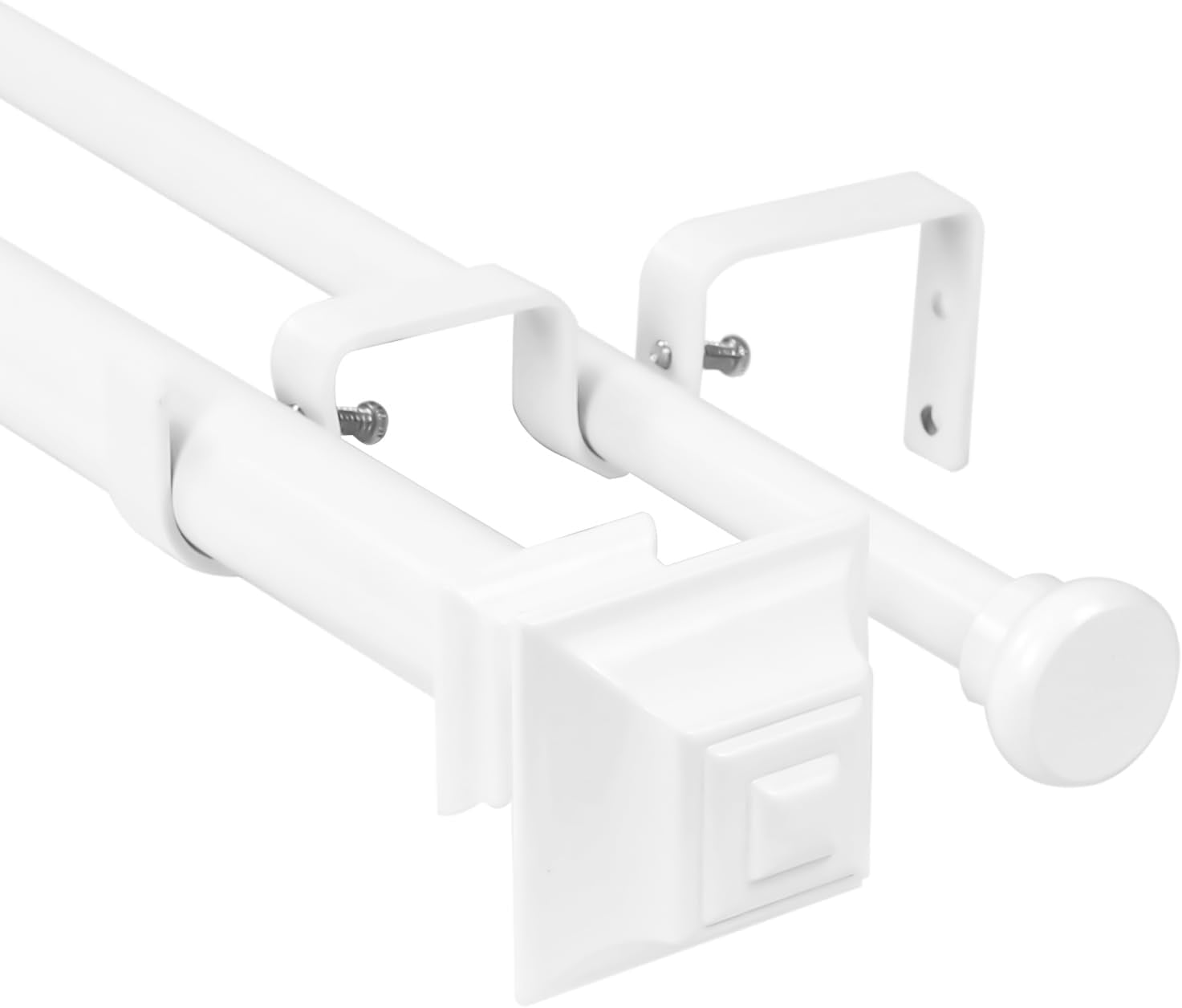 Urbanest Adjustable Double Curtain Rod Set Pila Flat Button Finials – 1″ Front & 5/8″ Back Rod With Glossy White Rod, 28–48 Inches