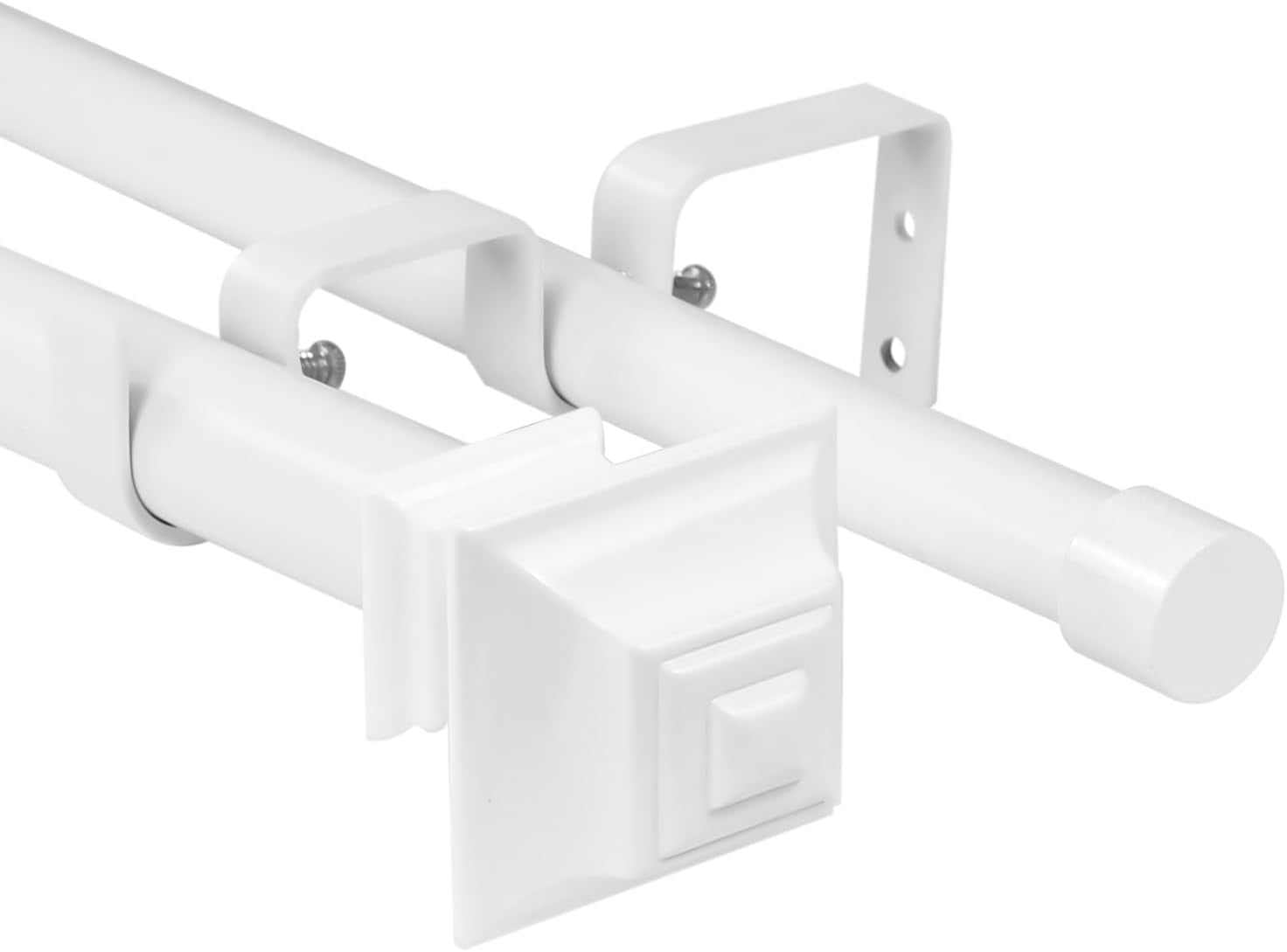 Urbanest Adjustable Double Curtain Rod Set Pila Manhattan Finials – 1″ Front & 3/4″ Back Rod With Glossy White Rod, 84–120 Inches