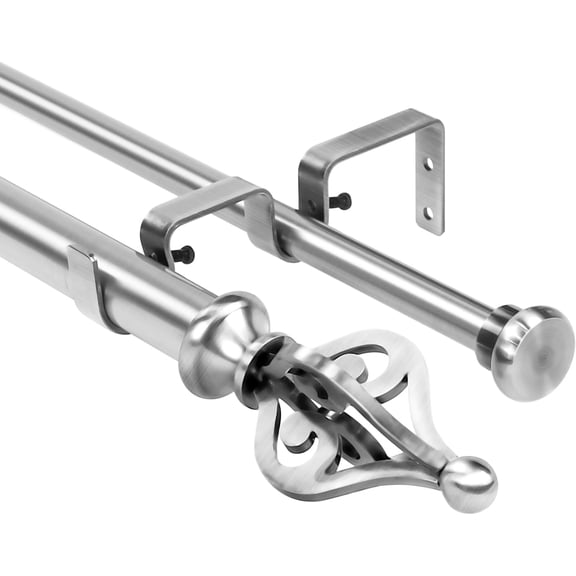 Urbanest Adjustable Double Curtain Rod Set Portia Flat Button Finials – 1″ Front & 5/8″ Back Rod With Brushed Steel Rod, 84–120 Inches