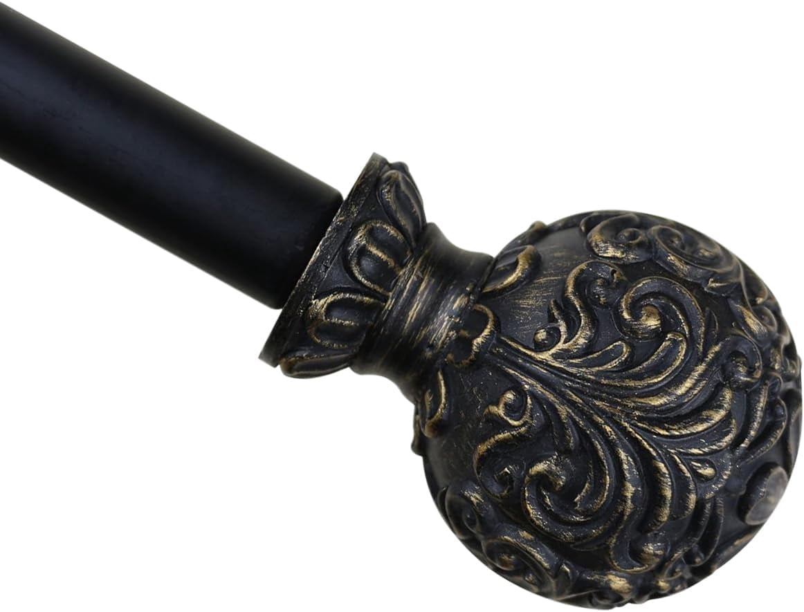 Urbanest Adjustable Single Curtain Rod Set Burnt Gold Scroll Ball Finials – 1 - Inch Diameter, With Black Rod, 84–120 Inches