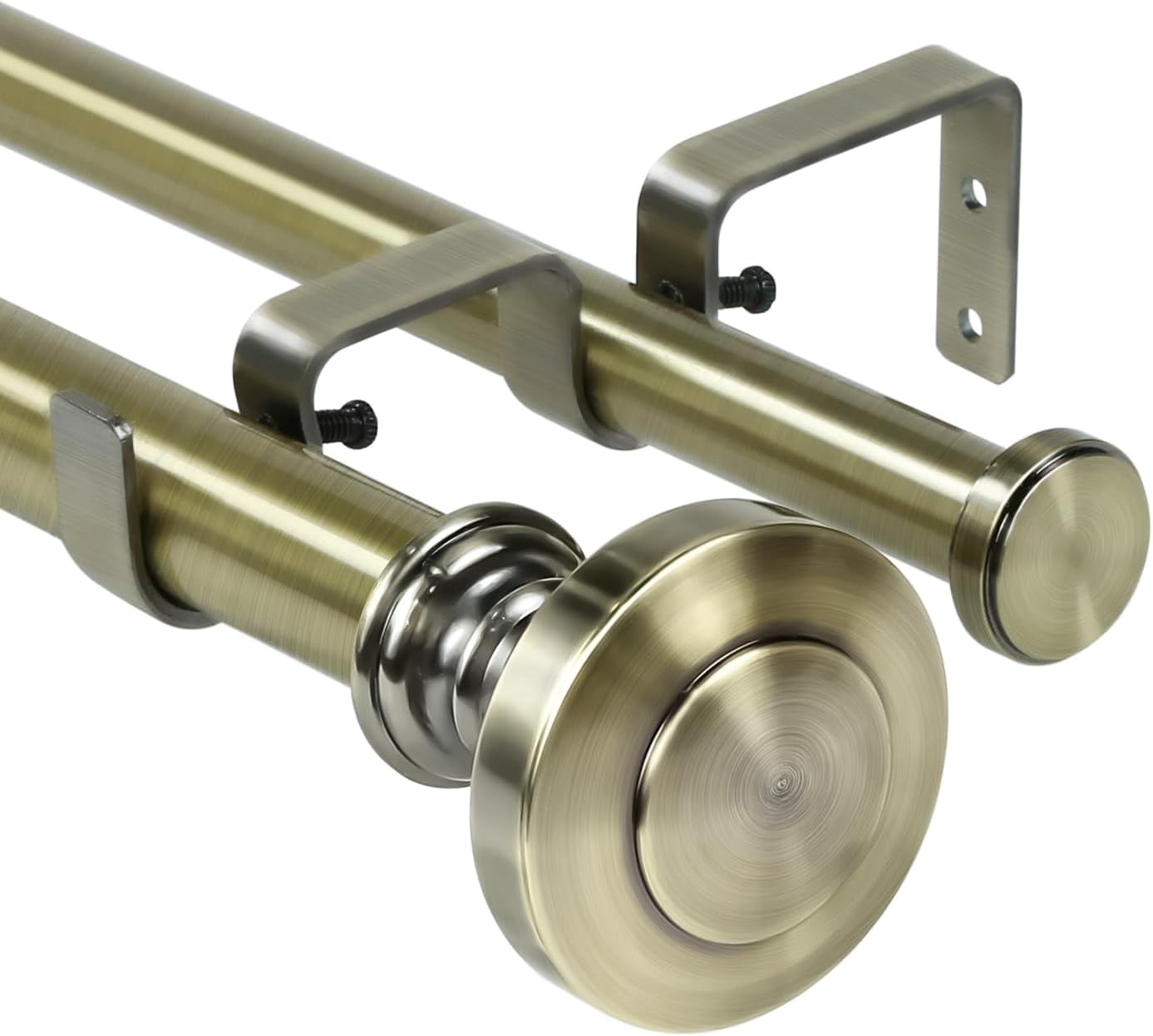 Urbanest Adjustable Double Curtain Rod Set Semplice Flat Button Finials – 1″ Front & 3/4″ Back Rod With Antique Brass Rod, 84–120 Inches