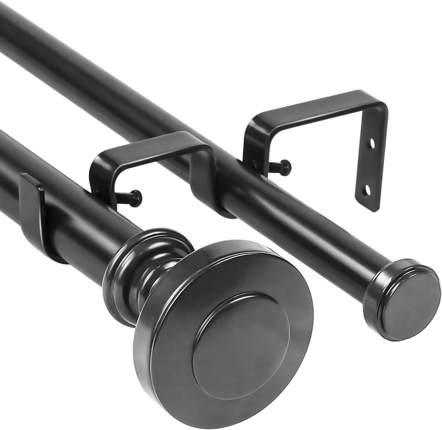 Urbanest Adjustable Double Curtain Rod Set Semplice Flat Button Finials – 1″ Front & 3/4″ Back Rod With Black Rod, 84–120 Inches