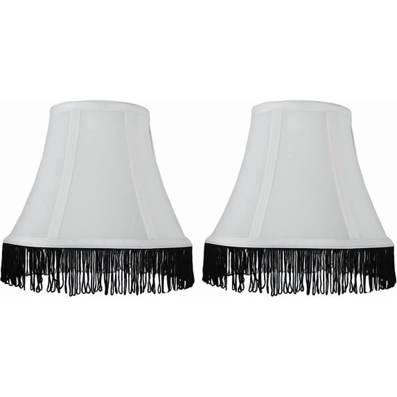 Urbanest Softback Faux Silk Bell Lamp Shade – 5" Top x 9" Bottom x 7" Slant Height – Off White With Black Fringe - 2 Pieces