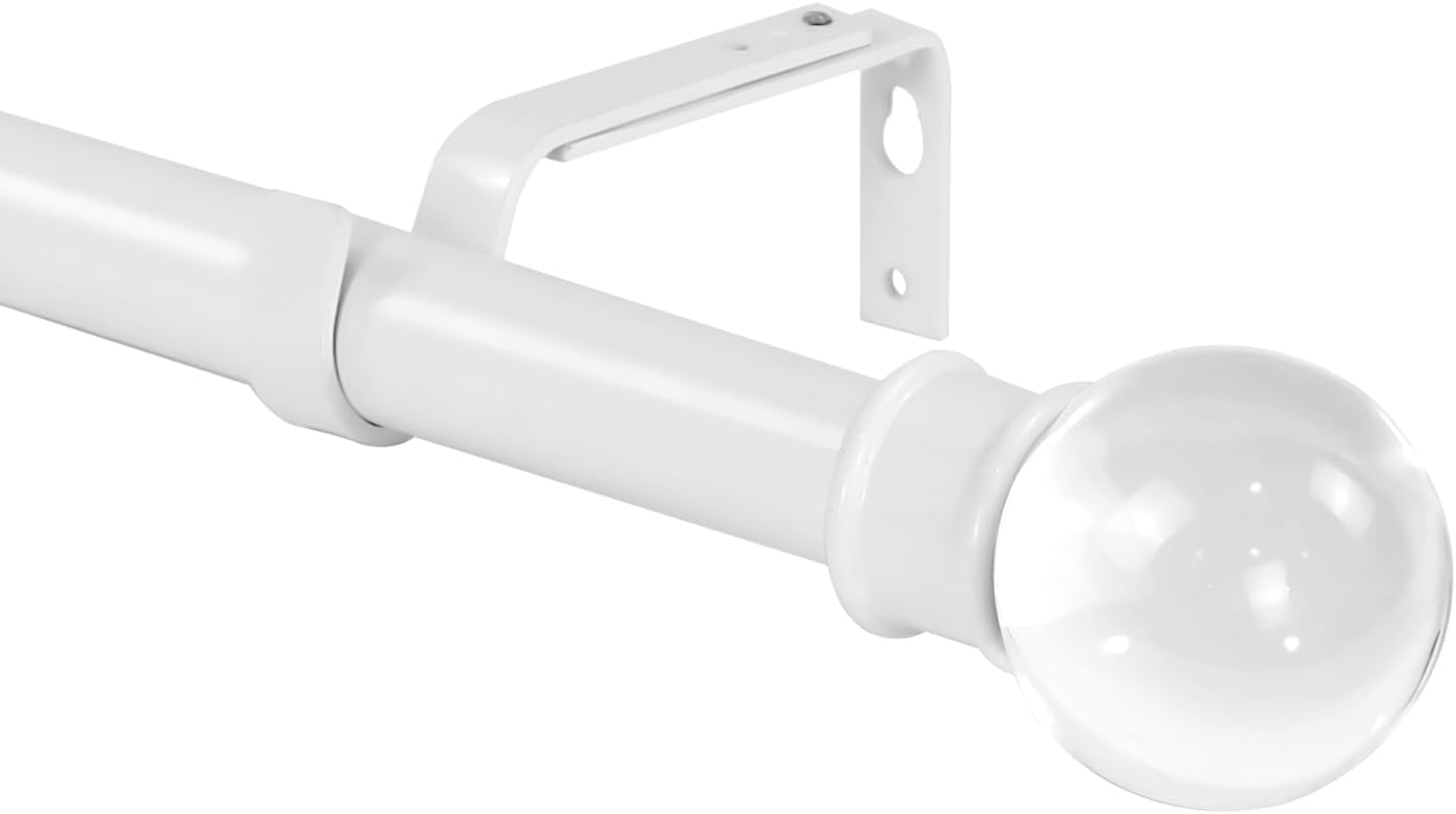Urbanest Adjustable Single Curtain Rod Set Crystal Ball Finials – 1 -Inch Diameter, With Glossy White Rod, 48–84 Inches