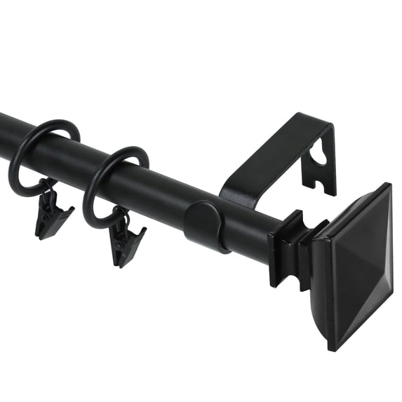 Urbanest Single Curtain Rod with 16 Clip Rings & Decorative Square Urn Finials – Classic Metal Window Drapery Rod Set, Heavy-Duty & Adjustable, 5/8" Diameter, 48" to 84", Matte Black