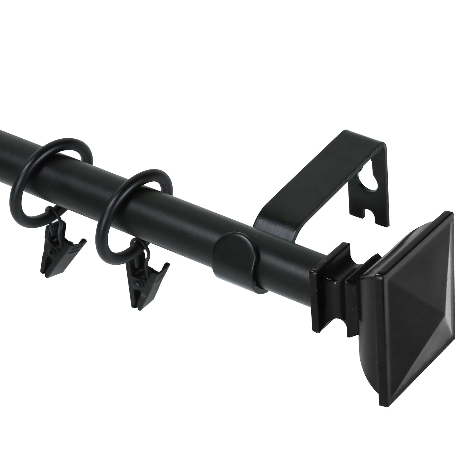 Urbanest Single Curtain Rod with 8 Clip Rings & Decorative Square Urn Finials – Classic Metal Window Drapery Rod Set, Heavy-Duty & Adjustable, 5/8" Diameter, 28" to 48", Matte Black