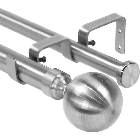 Urbanest Adjustable Double Curtain Rod Set Steel Ball Flat Button Finials – 1″ Front & 3/4 Back Rod With Brushed Steel Rod, 48–84 Inches