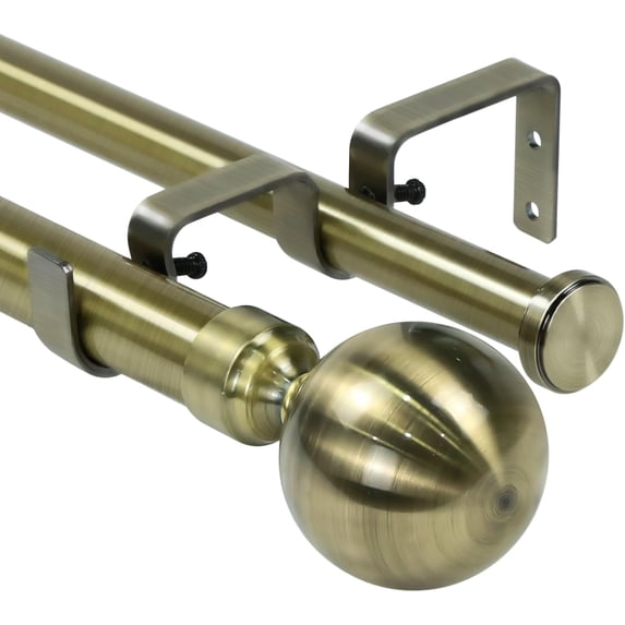Urbanest Adjustable Double Curtain Rod Set Steel Ball Flat Button Finials – 1″ Front & 3/4 Back Rod With Antique Brass Rod, 84–120 Inches