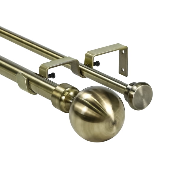 Urbanest Steel Ball Flat Button 1" 5/8" Double Drapery Curtain Window Rod Set - 28" to 48", Antique Brass