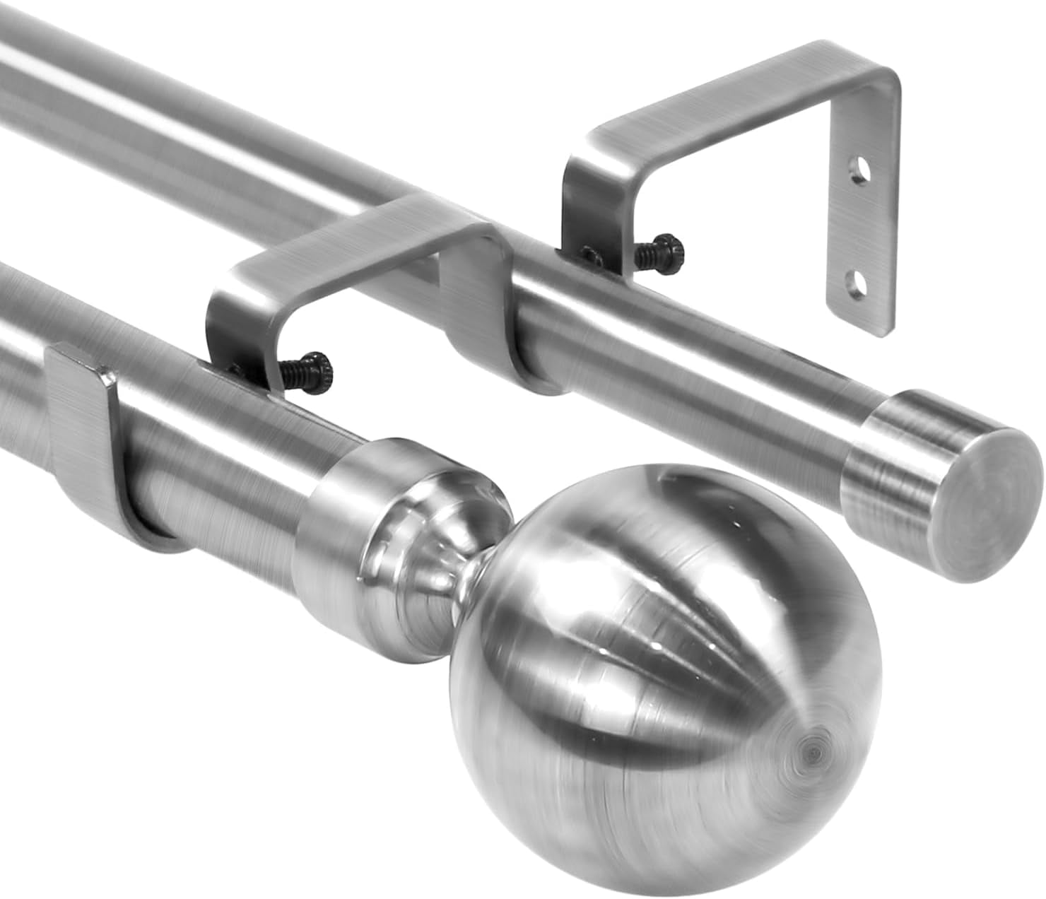 Urbanest Adjustable Double Curtain Rod Set Steel Ball Manhattan Finials – 1″ Front & 3/4 Back Rod With Brushed Steel Rod, 28–48 Inches