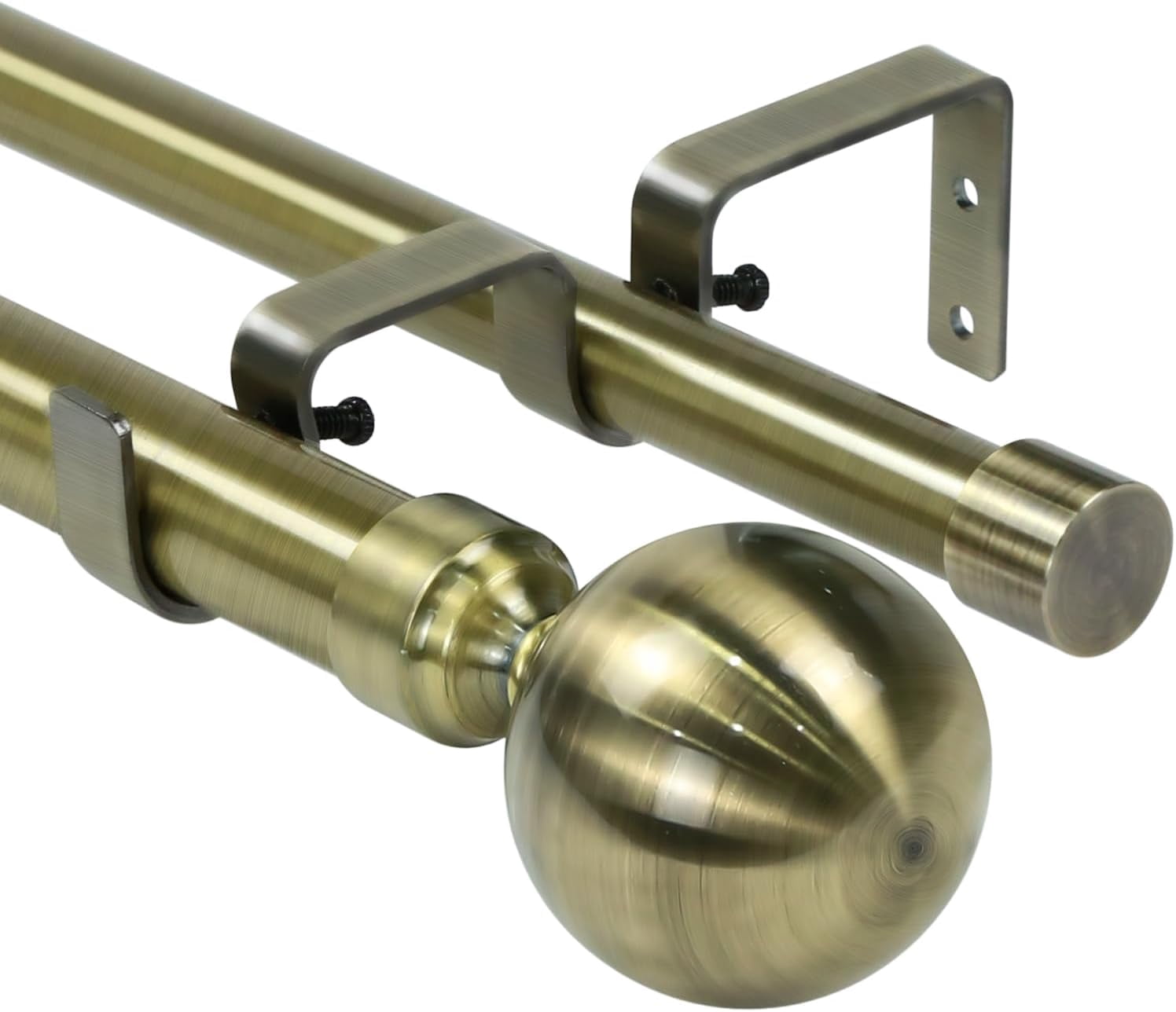 Urbanest Adjustable Double Curtain Rod Set Steel Ball Manhattan Finials – 1″ Front & 3/4 Back Rod With Antique Brass Rod, 84–120 Inches