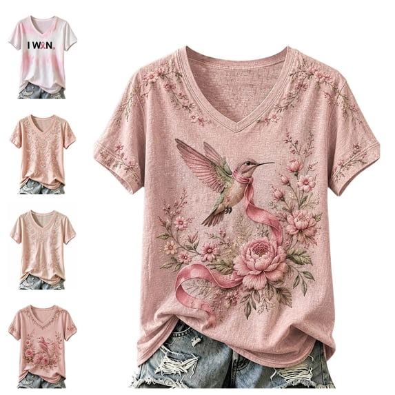 Urbanix Breast Cancer Awareness Shirts for Women In Octobe We Wear Hummingbird Graphic Survivor T-Shirt Fashion Soft Short Sleeve V Neck Top Light pink L