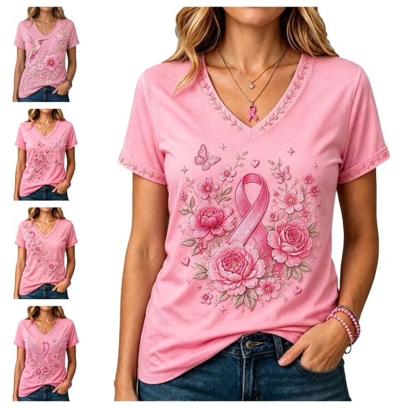 Urbanix Breast Cancer Awareness Shirts Women In Octobe We Wear Hummingbird Print Survivor T-Shirt Stylish Breathable Short Sleeve V Neck Pullover Hot Pink L