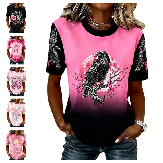 Urbanix Breast Cancer Awareness Shirts for Women In Octobe We Wear Pink Ribbon Wings Print Survivor T-Shirt Funky Lightweight Short Sleeve Crew Neck Pullover Vermilion L
