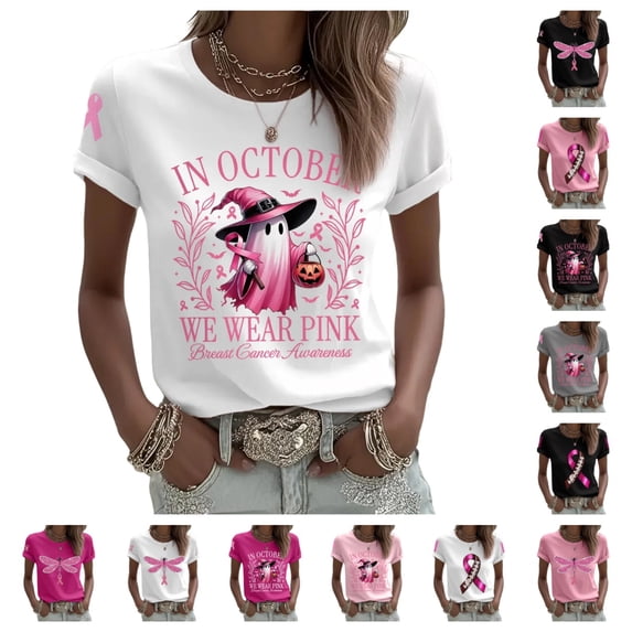 Urbanix Breast Cancer Shirts for Women In Octobe We Wear Hummingbird Graphic Survivor T-Shirts Fashion Comfortable Short Sleeve Crew Neck Top Dark Purple XL