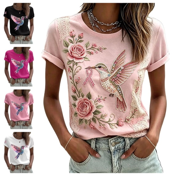 Urbanix Breast Cancer Shirts for Women In Octobe We Wear Pink Ribbon Wings Graphic Survivor T-Shirt Stylish Breathable Short Sleeve Crew Neck Top Light pink L