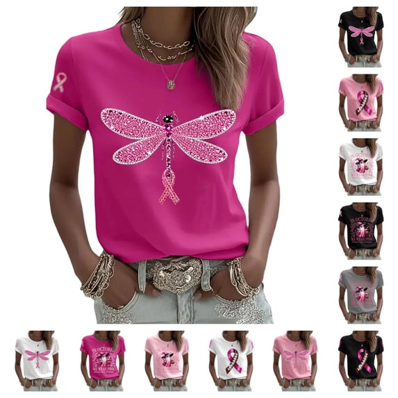 Urbanix Breast Cancer Shirts for Women In Octobe We Wear Pink Ribbon Wings Print Survivor T-Shirts Stylish Breathable Short Sleeve Crew Neck Blouse Watermelon Red M