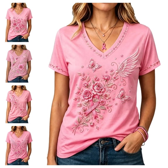 Urbanix Breast Cancer Shirts for Women In Octobe We Wear Hummingbird Graphic Survivor Tshirts Trendy Soft Short Sleeve V Neck Tops Pink 2XL