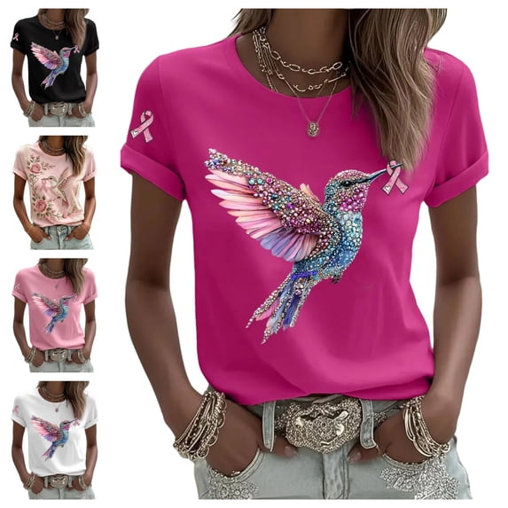 Urbanix Breast Cancer Shirts for Women In Octobe We Wear Hummingbird Print Survivor T-Shirt Stylish Cozy Short Sleeve Crew Neck Tops Hot Pink 2XL