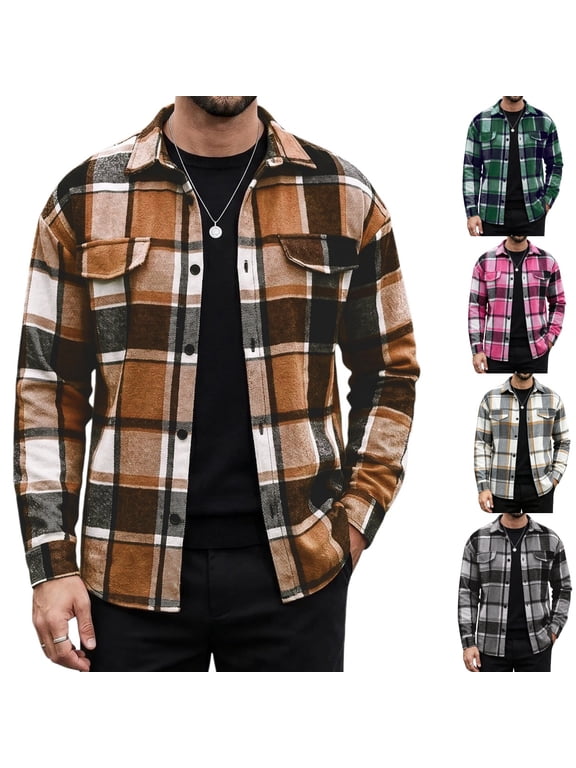 Flannel Shirt for Men Casual Long Sleeve Button Down Shirt Relaxed Gym Elastic Waist Polo Shirt with Mult-Pockets