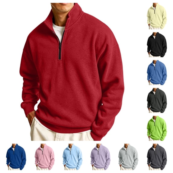 Urbanix Half Zip Pullover Men Causal Baggy Long Sleeve Stand Collar Pullover Top Trendy Lightweight Soft Solid Color Fall Winter Clothing Red 2XL