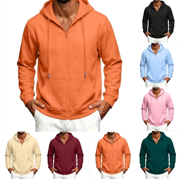Urbanix Men Hoodie Basic Full Zip Long Sleeve Drawstring Hooded Jacket Soft Lined Sweatshirts Gym Work Clothes with Multi-Pockets