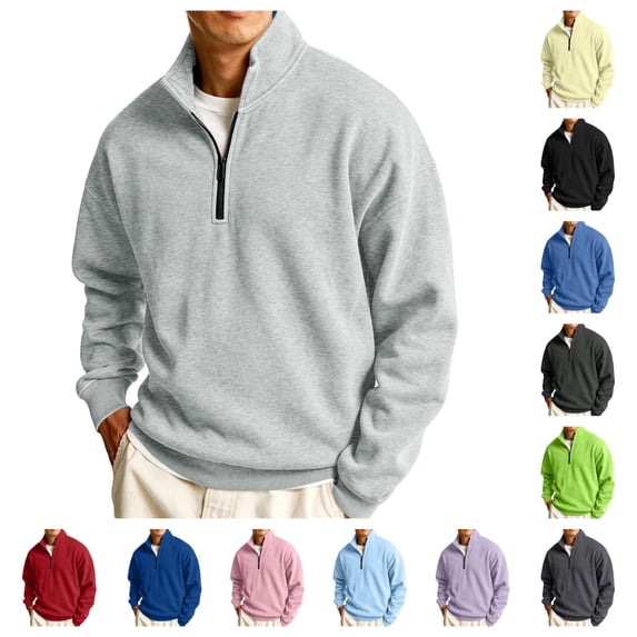 Urbanix Mens Half Zip Pullover Causal Relaxed Fit Long Sleeve Mock Neck Sweater Stylish Comfort Thermal Pure Color Fall Winter Top Light Gray 3XL
