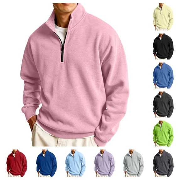 Urbanix Mens Quarter Zip Pullover Causal Baggy Long Sleeve Stand Collar Sweater Trendy Lightweight Soft Pure Color Fall Winter Clothes Pink XL