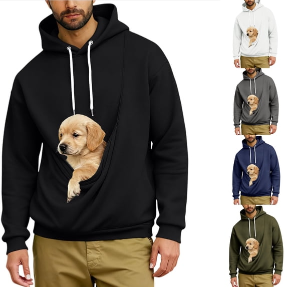 Urbanix Pet Pouch Hoodie for Men Casual Long Sleeve Drawstring Dog Carrier Holder Pullover Tops Slim Fit Winter Sweaters with Pockets
