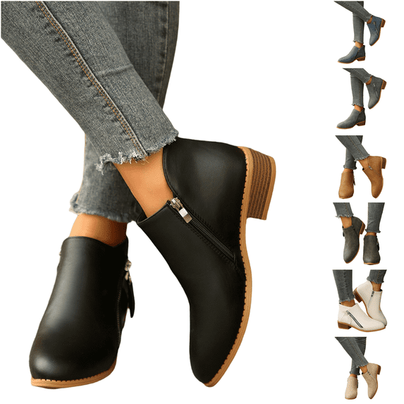 Urbanix Women Side Zipper Ankle Booties, Pointed Toe Low Block Heel Comfortable Dress Boots for Daily Work Casual Wear