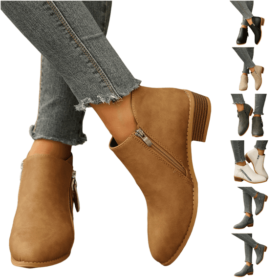 Urbanix Women Side Zipper Ankle Booties, Pointed Toe Low Block Heel Comfortable Dress Boots for Daily Work Casual Wear