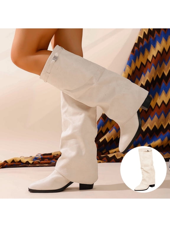 Women Wide Calf Fold Over Tall Boots, Pointed Toe Chunky Block Heel Slouchy Long Boots with Side Zipper for Autumn Winter Daily Dress‑up
