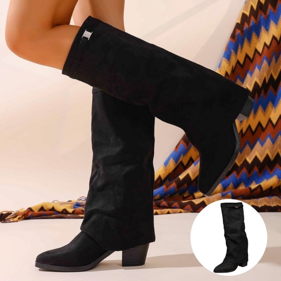 Urbanix Women Wide Calf Fold Over Tall Boots, Pointed Toe Chunky Block Heel Slouchy Long Boots with Side Zipper for Autumn Winter Daily Dress‑up