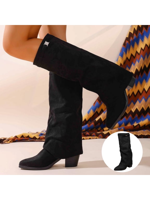 Women Wide Calf Fold Over Tall Boots, Pointed Toe Chunky Block Heel Slouchy Long Boots with Side Zipper for Autumn Winter Daily Dress‑up