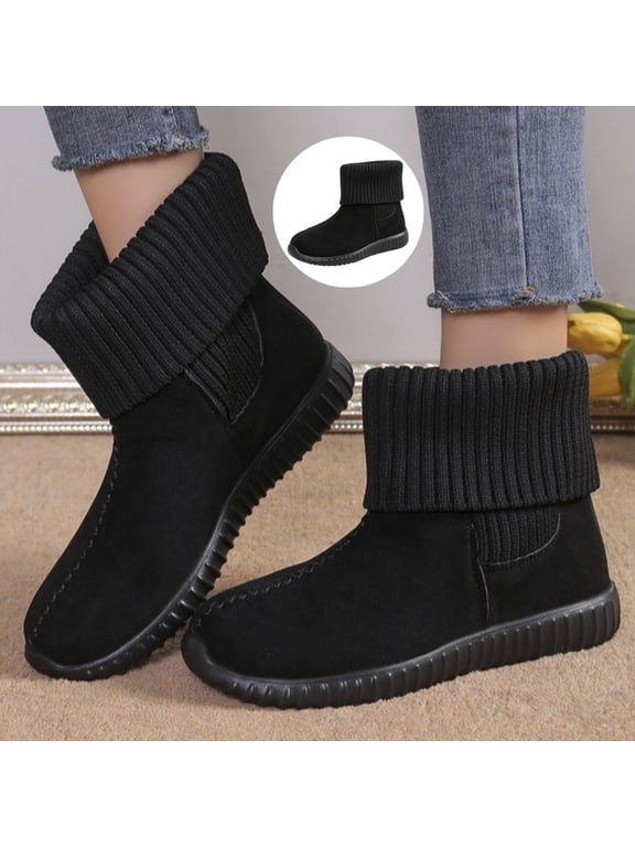 Women's Ankle Booties, Knit Cuff Lug Sole Slip‑On Short Boots, Round Toe Chunky Platform Casual Fall Winter Shoes for Daily Walking & Weekend Outings