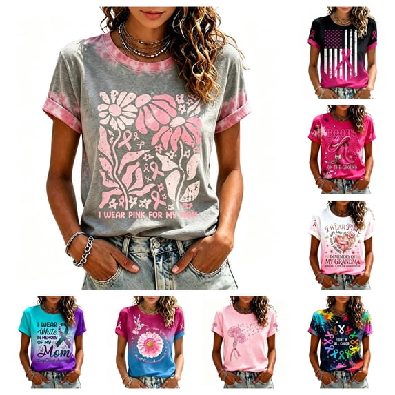 Urbanix Women's Breast Cancer Shirts In Octobe We Wear Pink Ribbon Graphic Survivor Tshirts Funky Soft Short Sleeve Crew Neck Blouse Gray XL