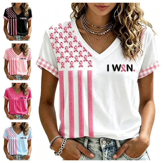 Urbanix Women's Breast Cancer Shirts In Octobe We Wear Pink Ribbon Wings Print Survivor T-Shirt Stylish Soft Short Sleeve V Neck Pullover White L