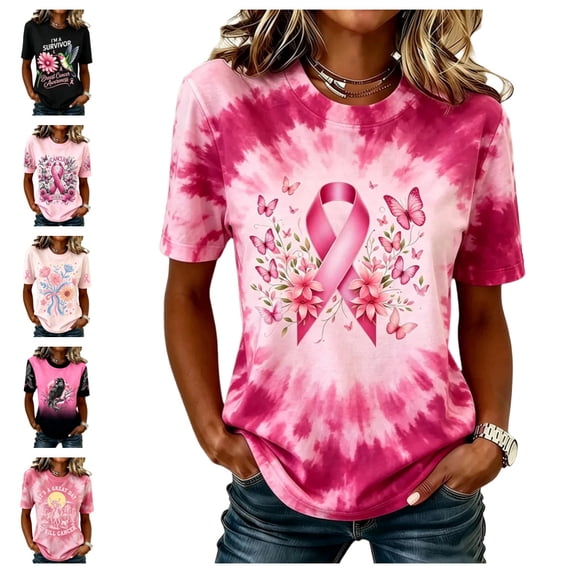 Urbanix Women's Breast Cancer Shirts In Octobe We Wear Hummingbird Graphic Survivor T-Shirts Stylish Comfortable Short Sleeve Crew Neck Pullover Hot Pink L