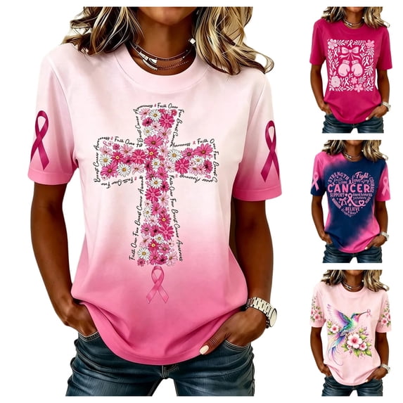 Urbanix Women's Breast Cancer Shirts In Octobe We Wear Hummingbird Print Survivor T Shirts Stylish Breathable Short Sleeve Crew Neck Tees Light pink M