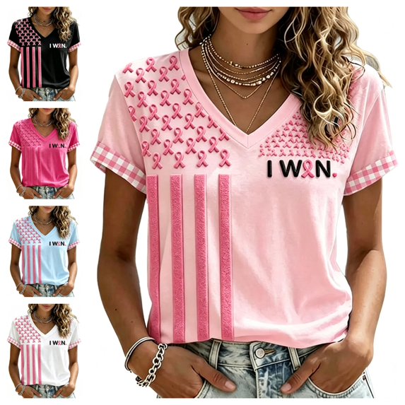 Urbanix Womens Breast Cancer Shirts In Octobe We Wear Pink Ribbon Print Survivor T Shirt Stylish Breathable Short Sleeve V Neck Tops Light pink 3XL