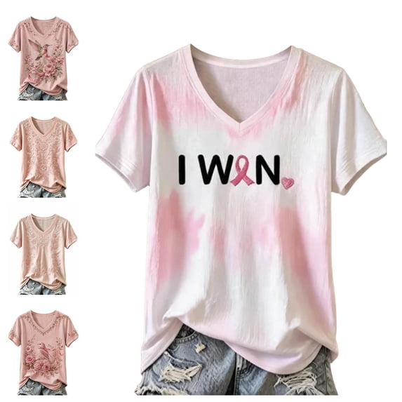 Urbanix Womens Breast Cancer Shirts In Octobe We Wear Pink Ribbon Print Survivor Tshirts Funky Comfortable Short Sleeve V Neck Pullover Multicolor L