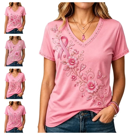 Urbanix Womens Breast Cancer Shirts In Octobe We Wear Pink Ribbon Print Survivor Tshirts Fashion Comfortable Short Sleeve V Neck Pullover Vermilion XL