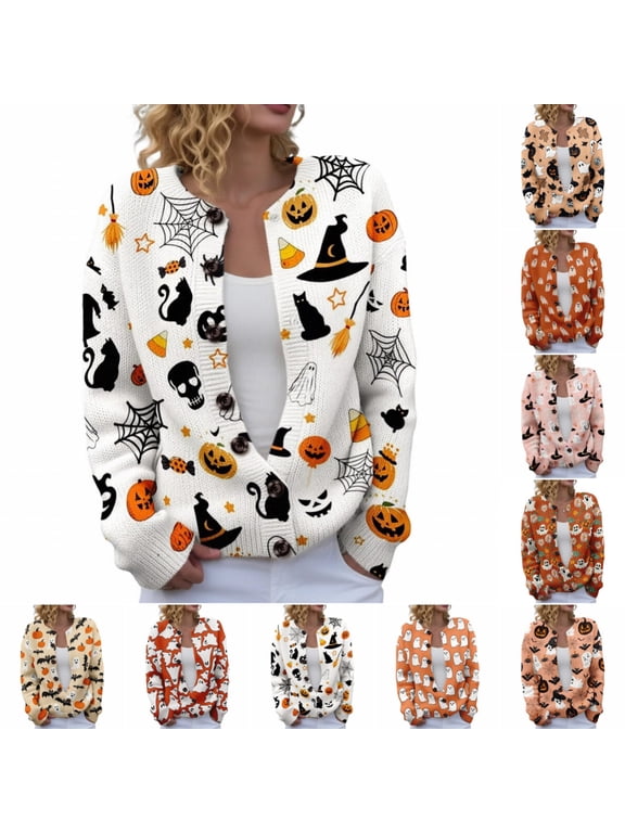 Womens Halloween Sweaters Fashion Casual Long Sleeve Knitted Cardigan Pullover Comfy Funny Graphic Button Down Tops
