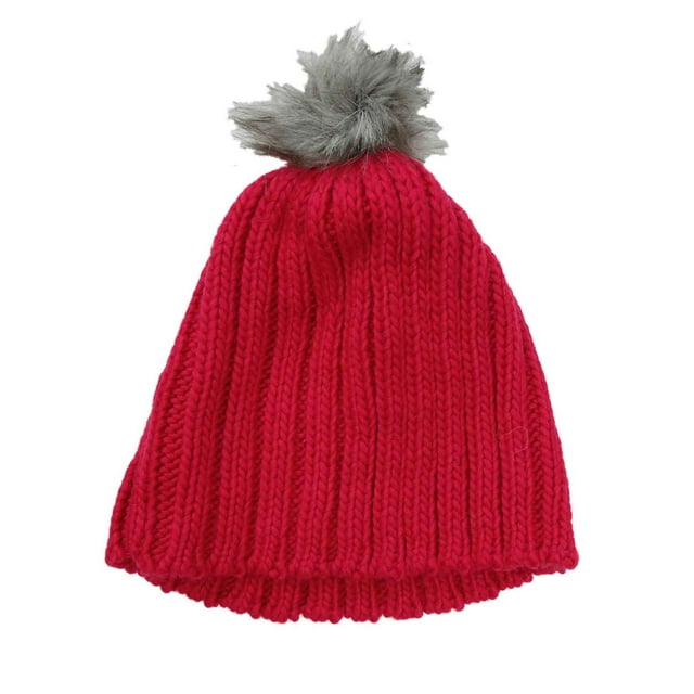 Urbanology Womens Chunky Pink Knit Beanie Winter Hat with Faux Fur Pom Pom