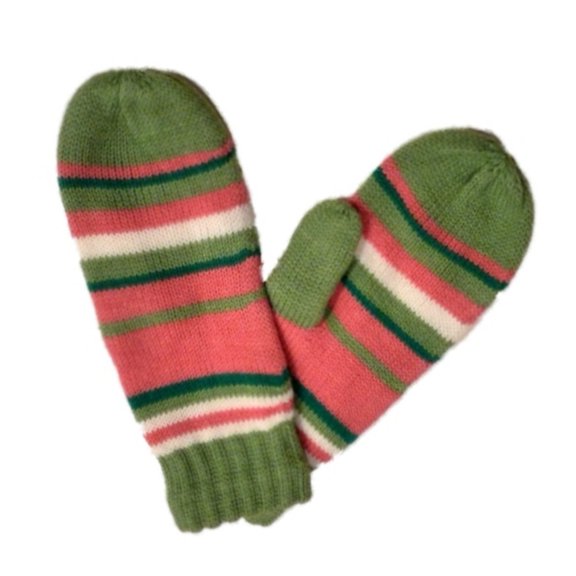 Urbanology Womens Green & Pink Striped Mittens with Fleece Lining