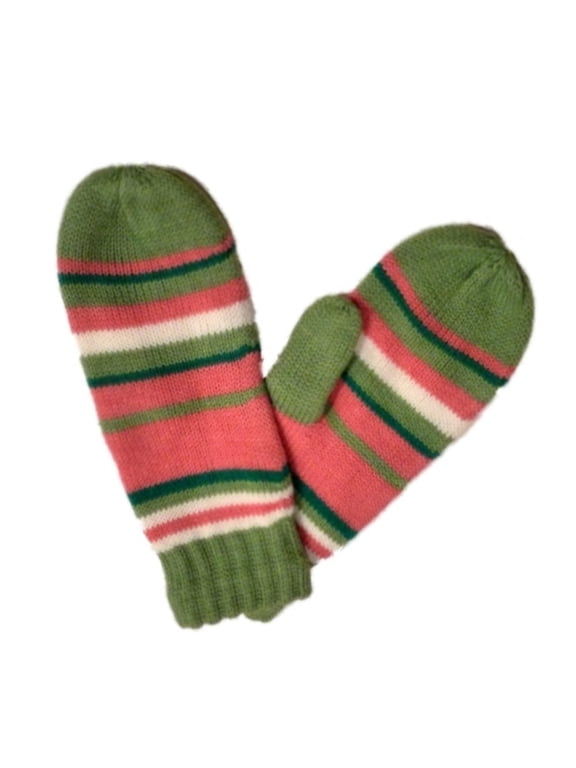 Womens Green & Pink Striped Mittens with Fleece Lining