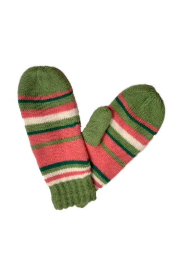 Womens Green & Pink Striped Mittens with Fleece Lining