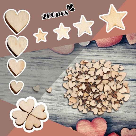 Urbanw 200pcs Rustic Wooden Love Heart and Stars Decoration Wood Chips for DIY Crafts Wedding Party and Home Decor