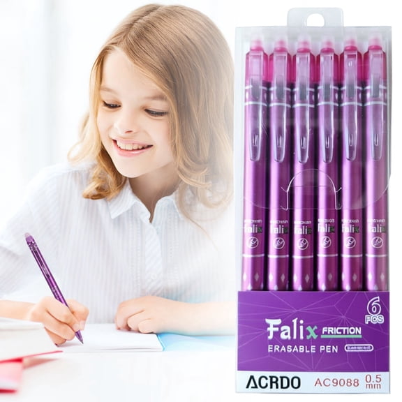 Urbanw 6Pcs Erasable Gel Ink Pens 0.5mm, Retractable Ink Pens, Smooth Writing Pens Set, Sch ool Office Stationery Pens for Stud ents Purple