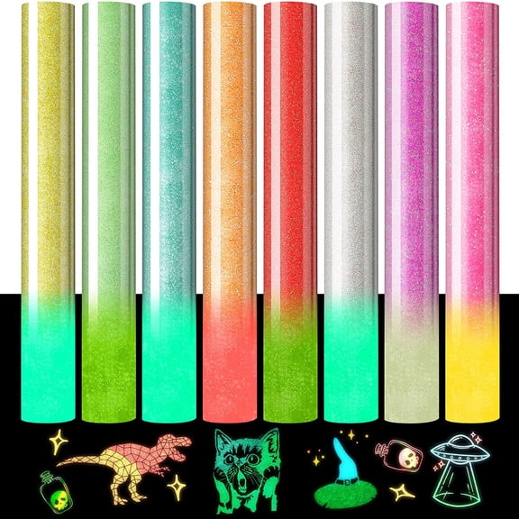 Urbanw 8 Glitter Gradient Luminous Heat Transfer Vinyl, HTV Heat Transfer Vinyl Bundle - 12'' x 10" Iron on Vinyl, Easy to Use Heat Transfer Vinyl for T Shirts, HTV Vinyl Bundle 1Pcs